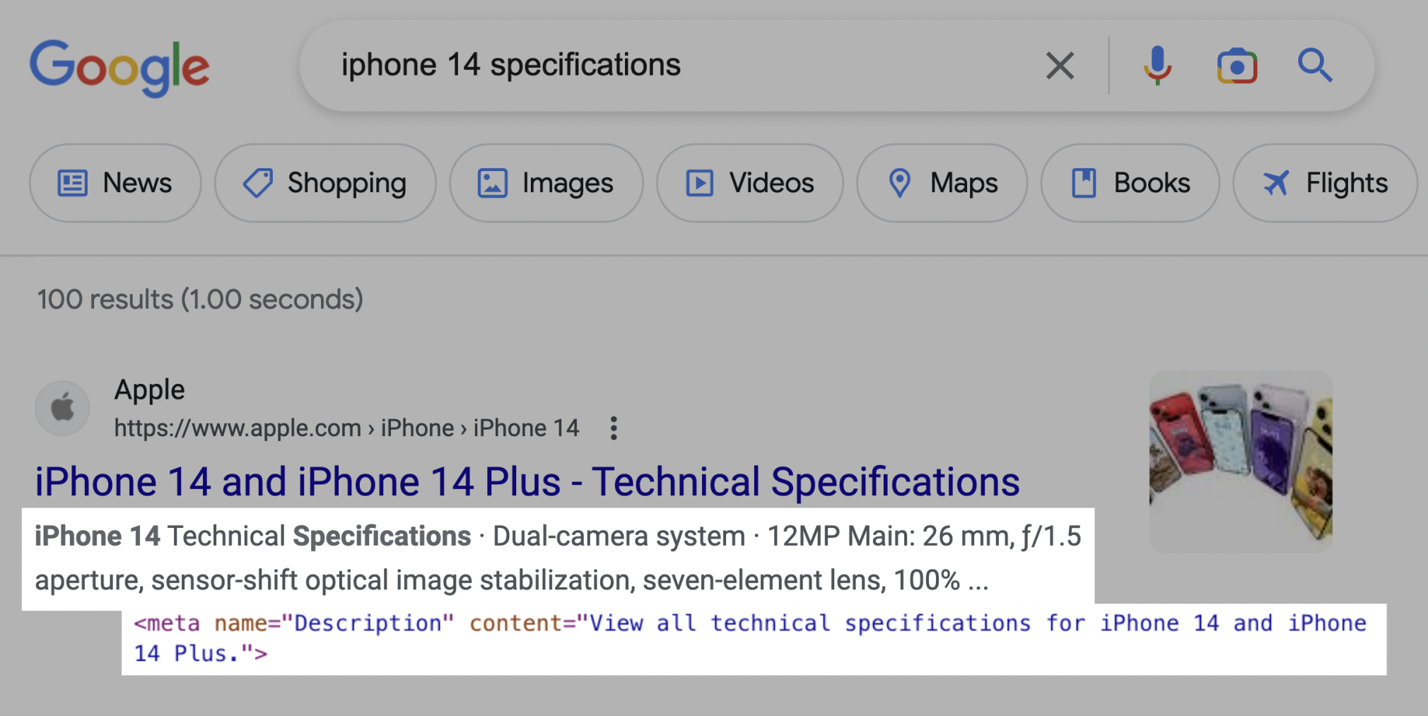 Search engine results page for iphone 14 specifications, highlighting the meta description vs the original provided meta description