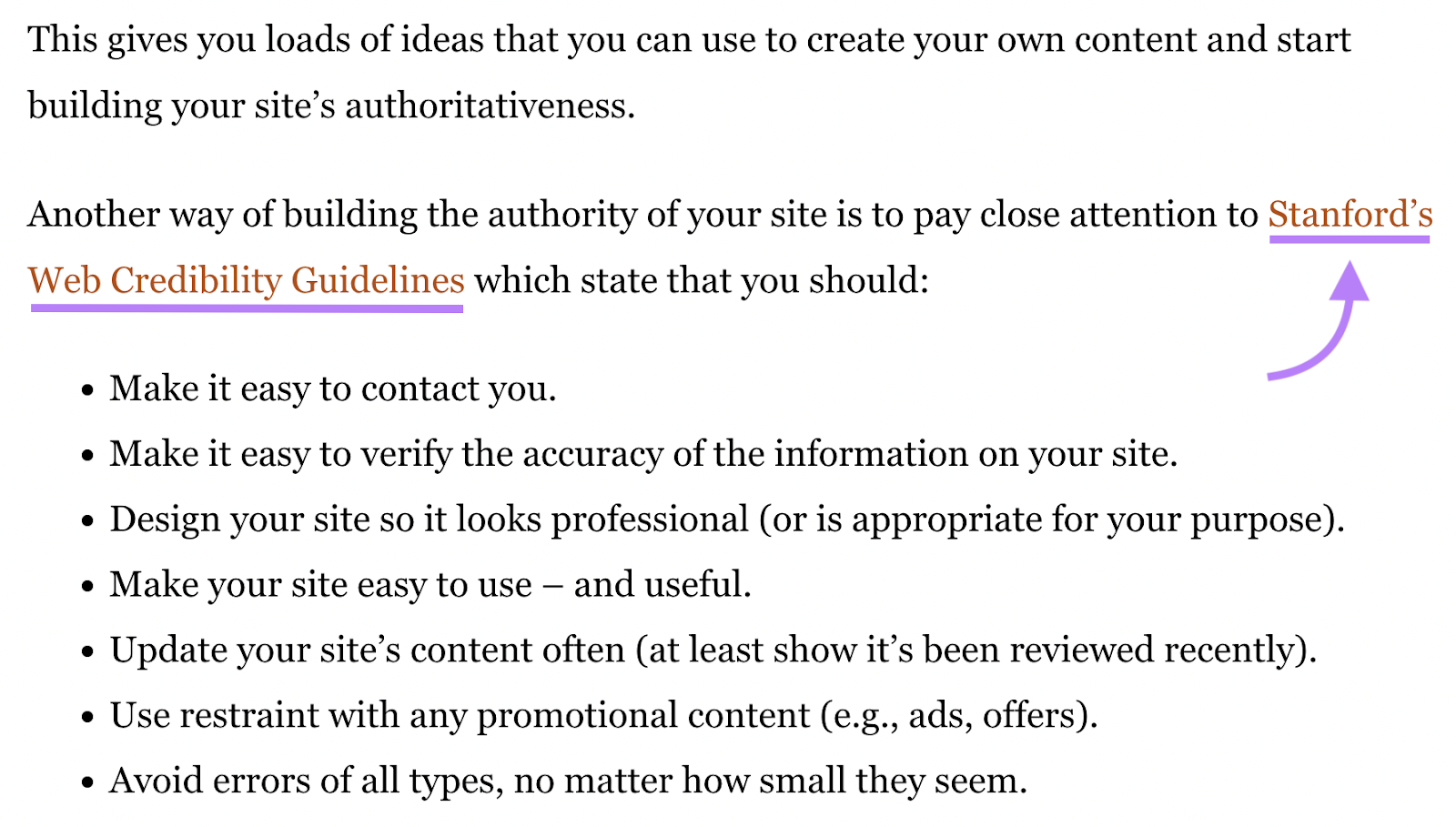 "Standford's Web Credibility Guidelines" anchor text highlighted in Backlinko's article