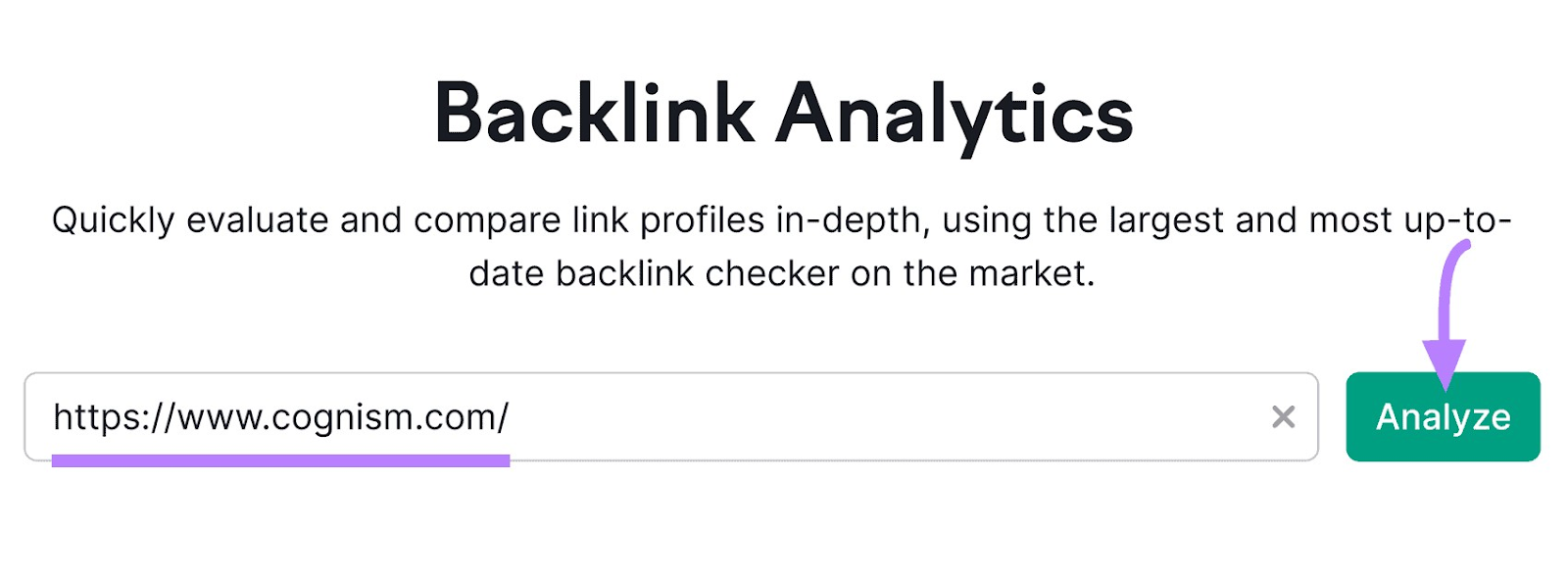 Backlink Analytics tool start with a domain entered and "Analyze" clicked.