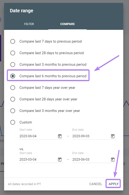 "Date range" pop-up window with “Compare last 6 months to previous period” option selected