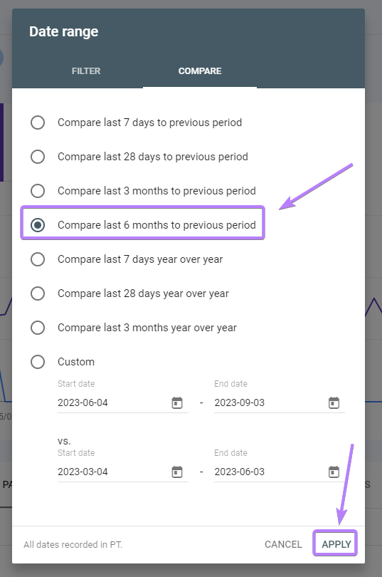 "**** range" pop-up window with “Compare last 6 months to previous period” option selected