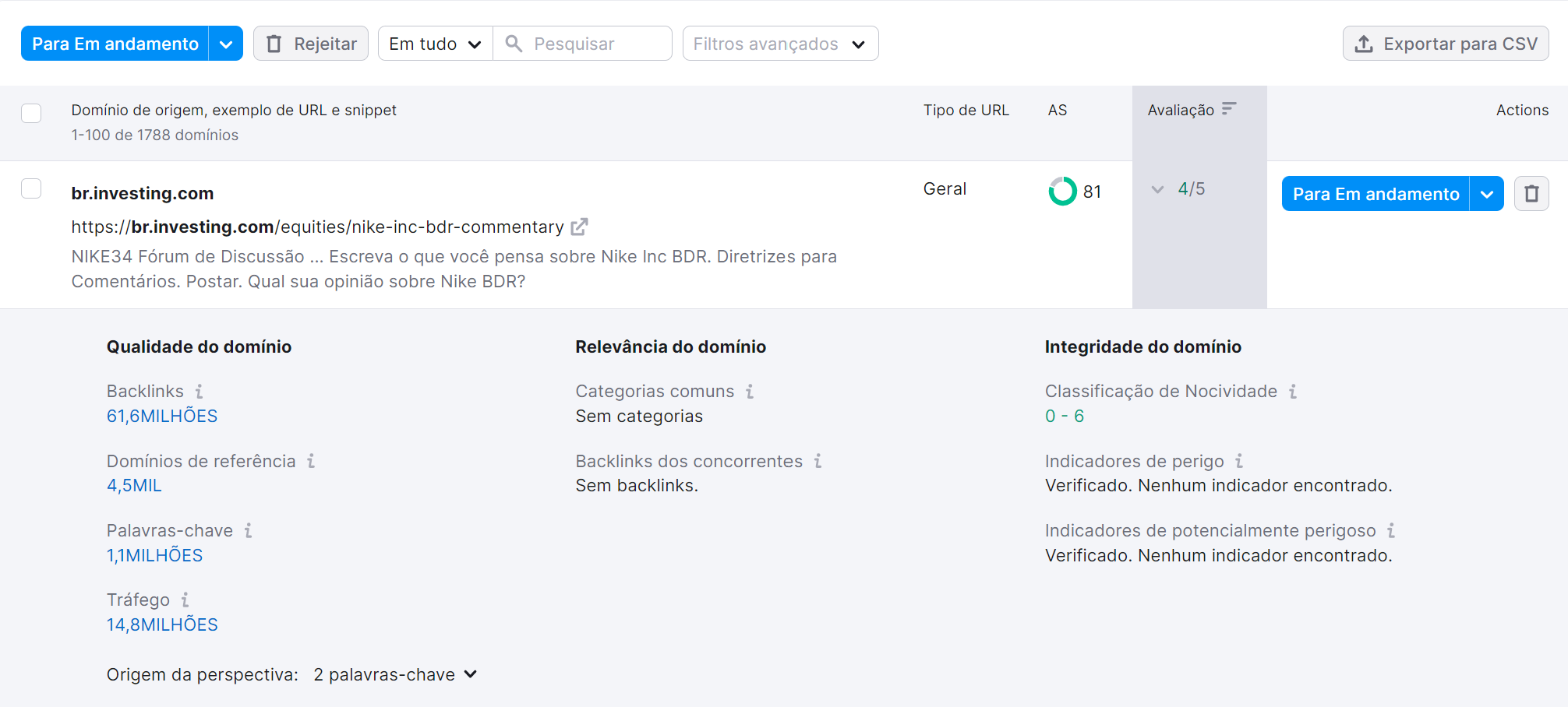 coluna avaliação na ferramenta link building tool