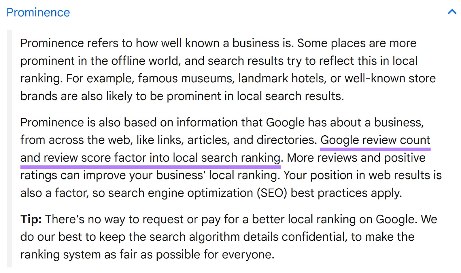 Sección de directrices de Google "Prominence"