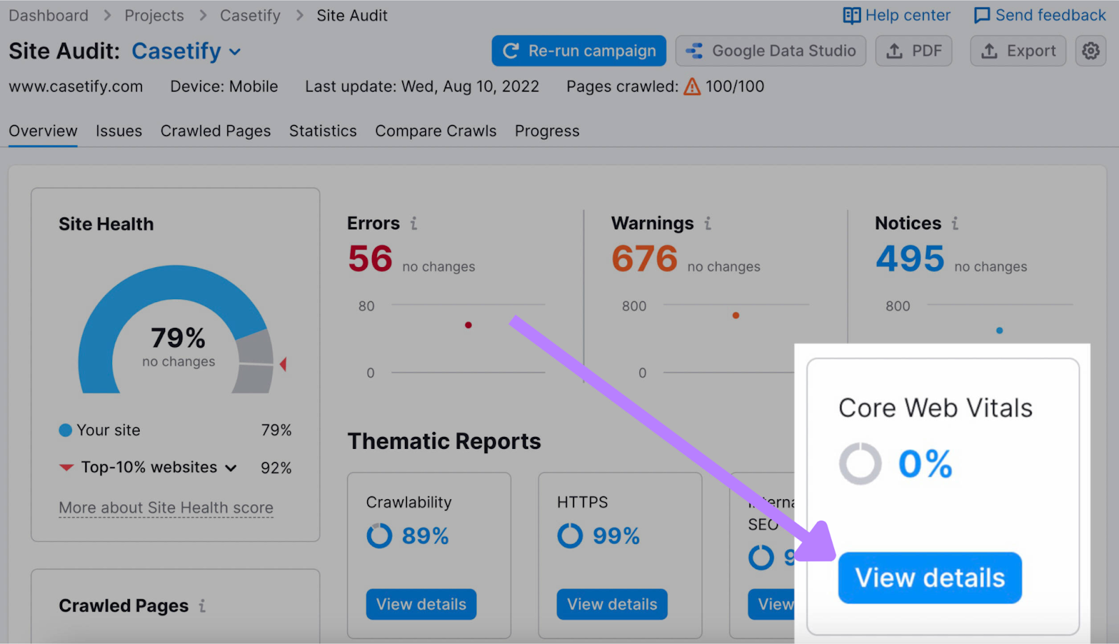"Core Web Vitals" widget highlighted in Site Audit dashboard