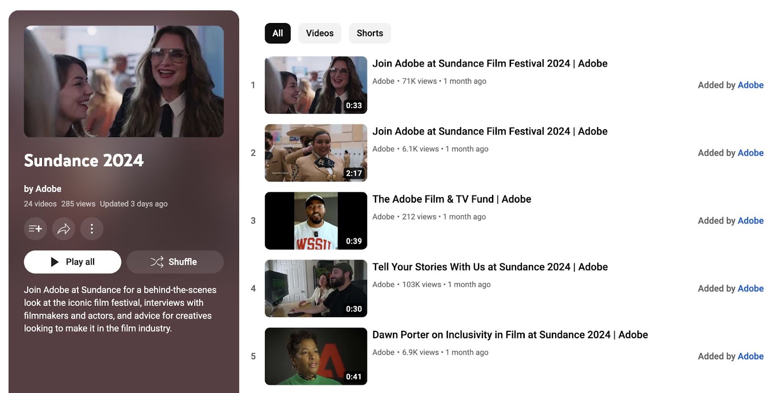A bid    of abbreviated  video interviews "Sundance 2024" connected  Adobe's YouTube channel