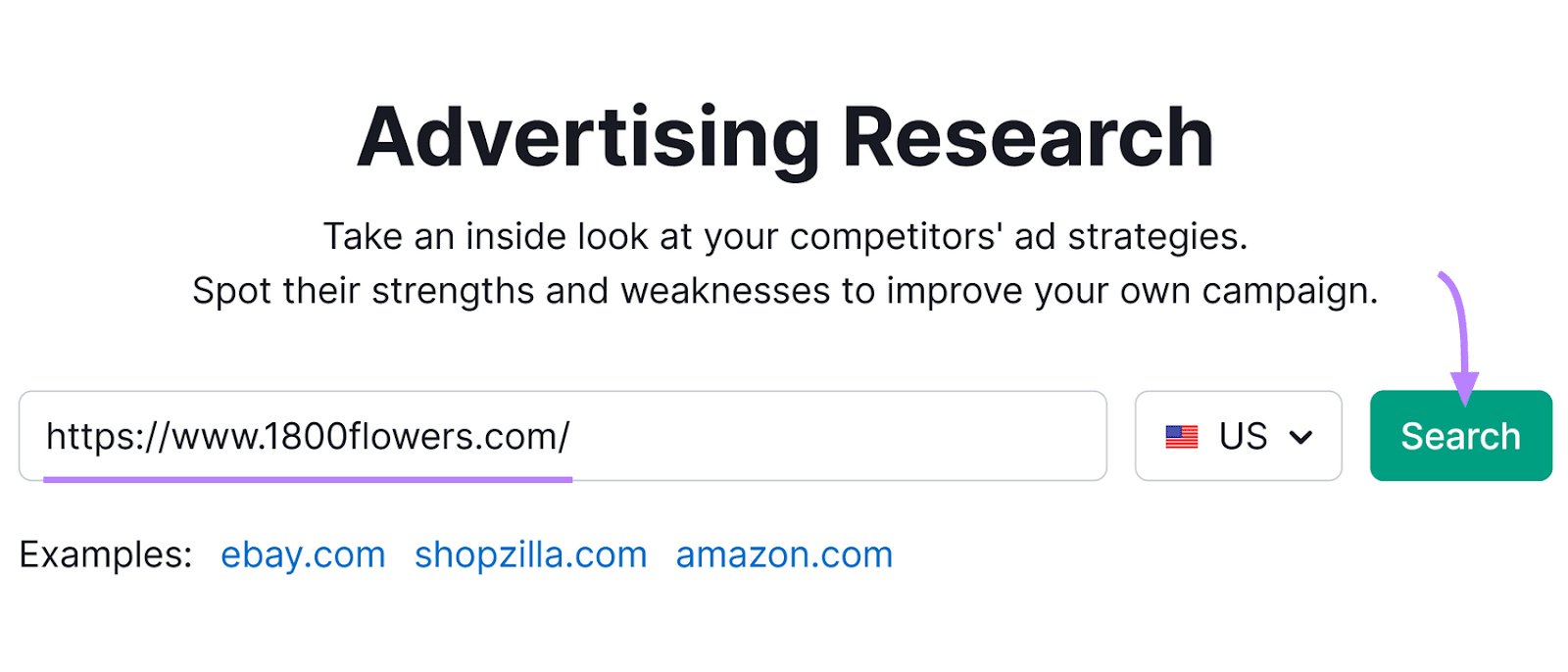 "Advertising Research" tool with "1800flowers.com" entered in the text field and the "Search" button highlighted with arrow.