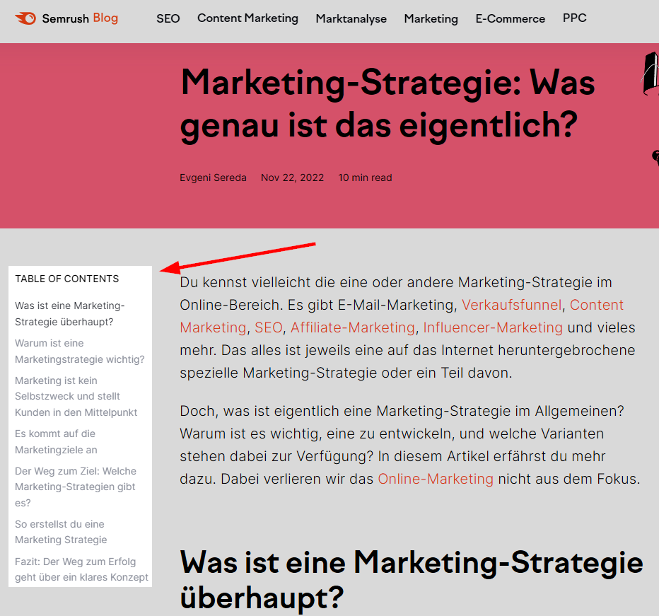 Screenshot: Inhaltsverzeichnis in Semrush-Artikel ganz oben