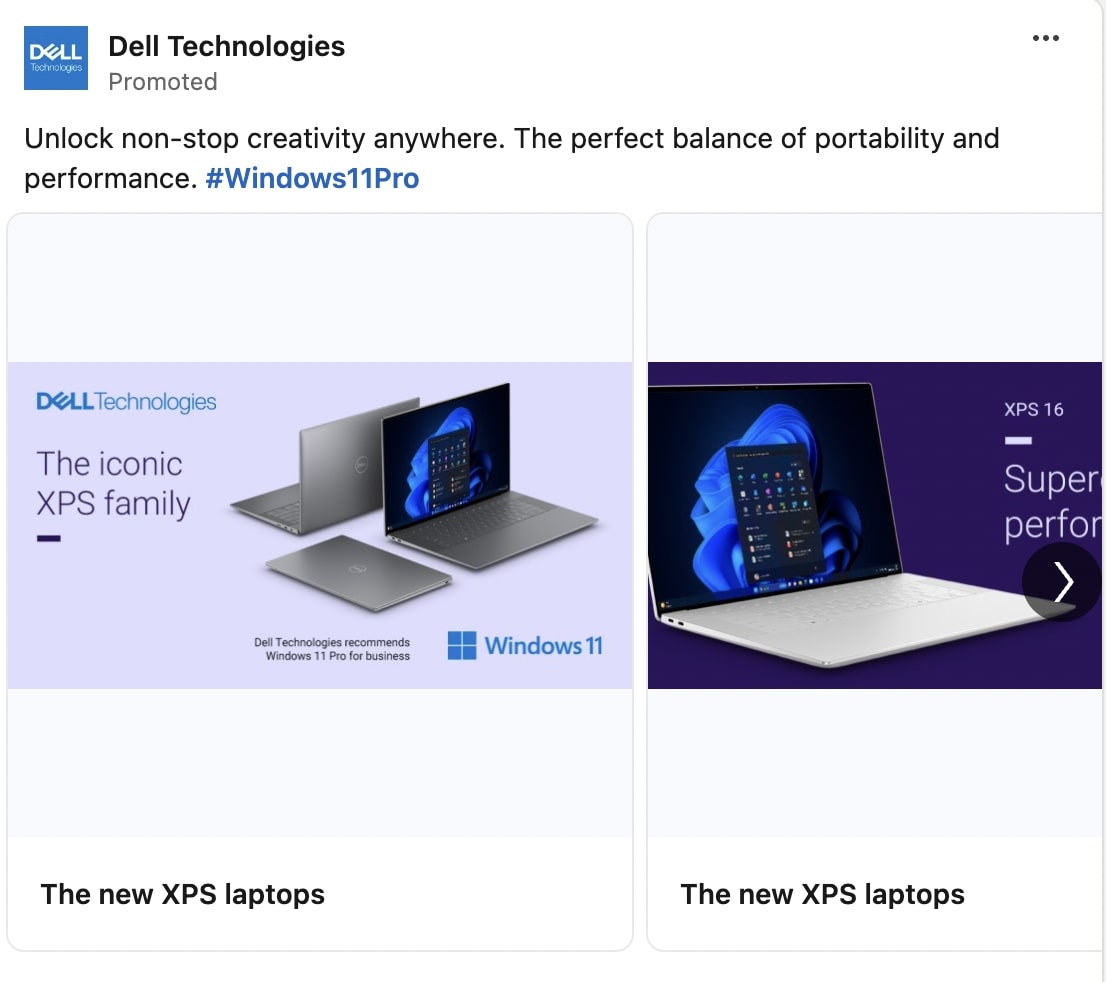 LinkedIn carousel ad for Dell technologies showing new xps laptops