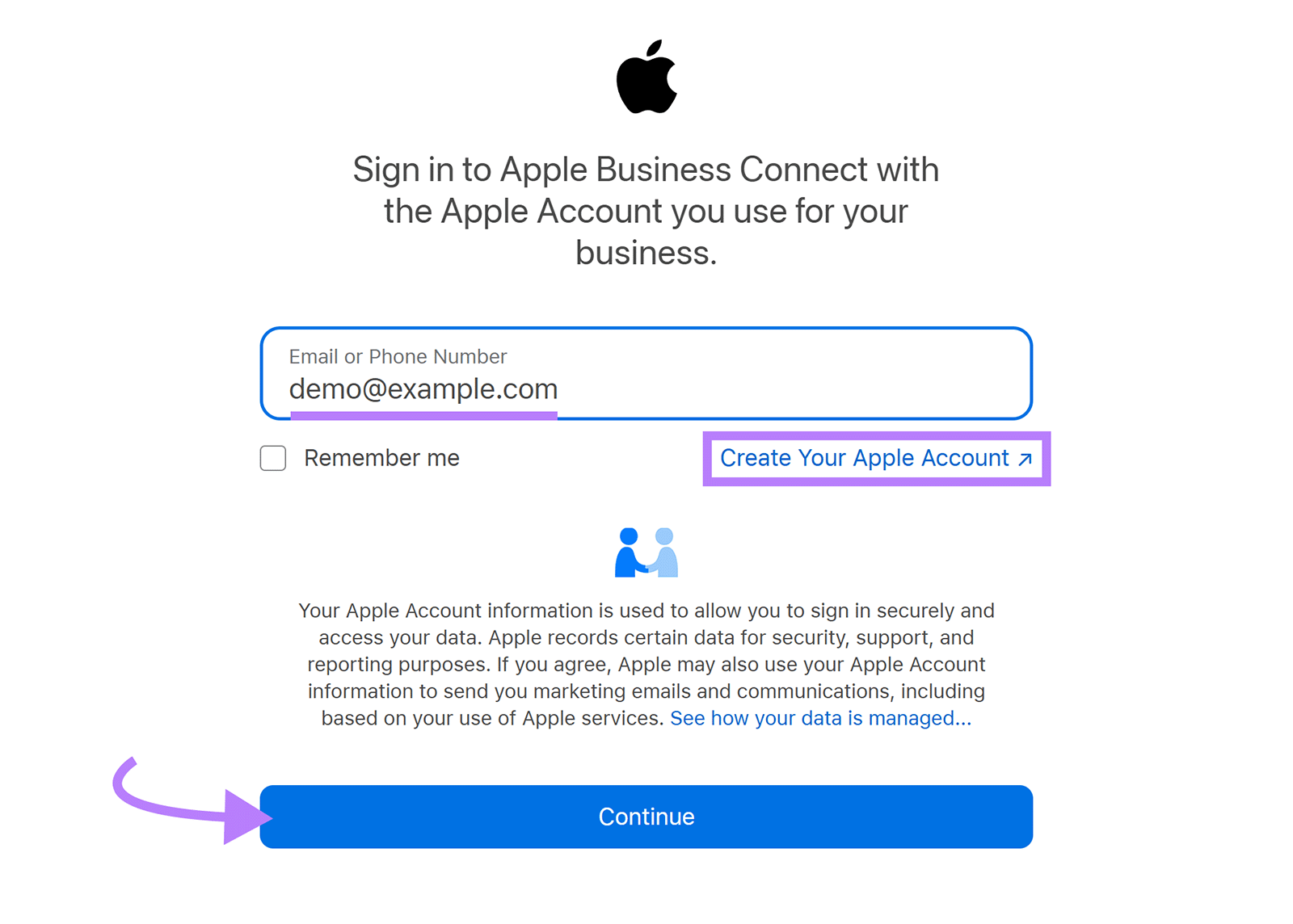 Sign-in page with email field, Create Your Apple Account link, and purple arrow to Continue.