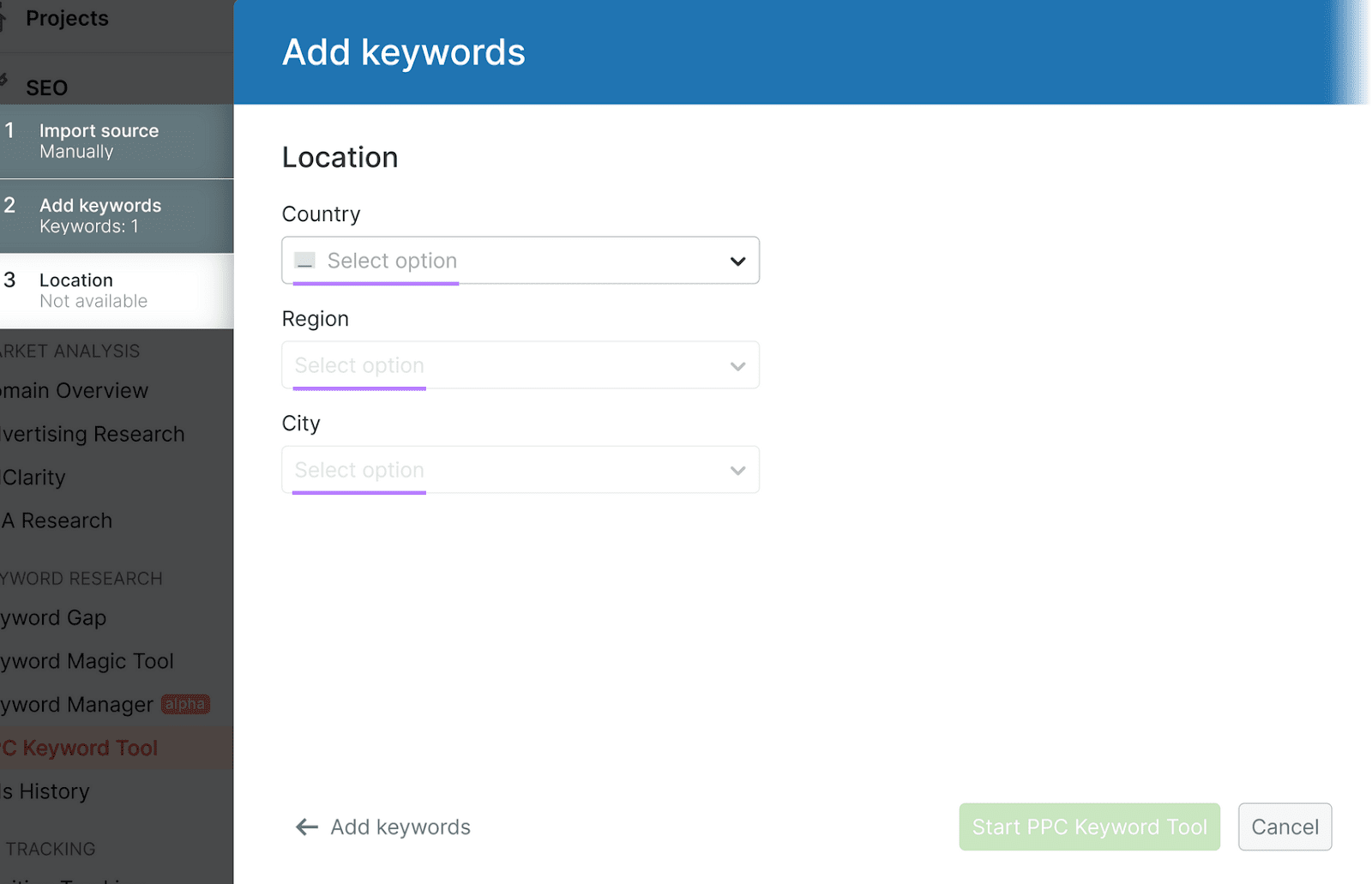 PPC Keyword Tool interface for adding keywords with fields for targeting country, region, and city.