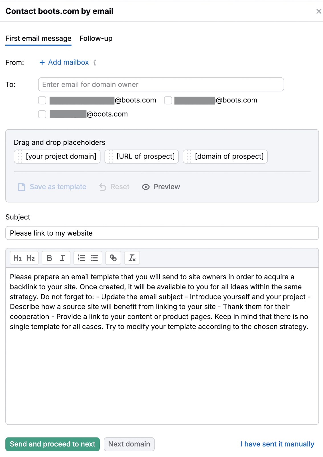 email outreach form with recipients from the prospect company and an email outreach template