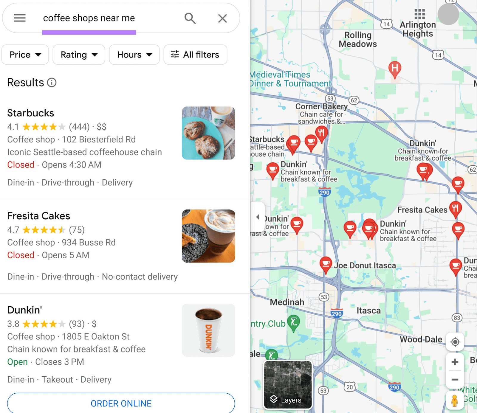 Google Maps results for "coffee shops near me"