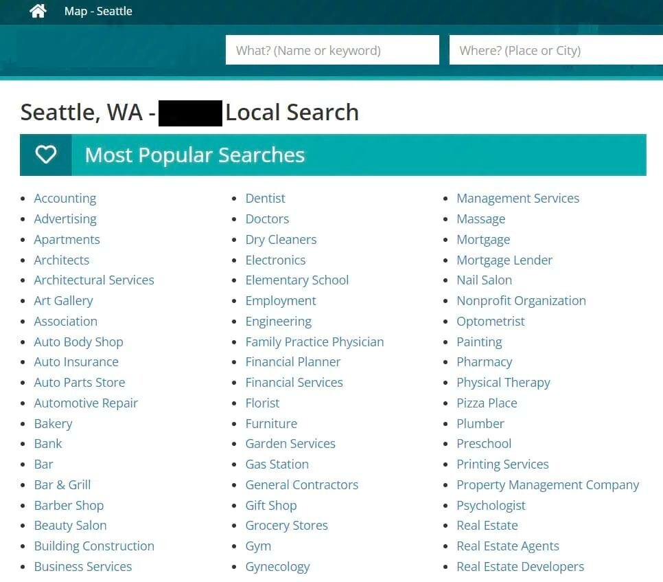 Exemple de page de porte pour la recherche locale de la carte de Seattle.