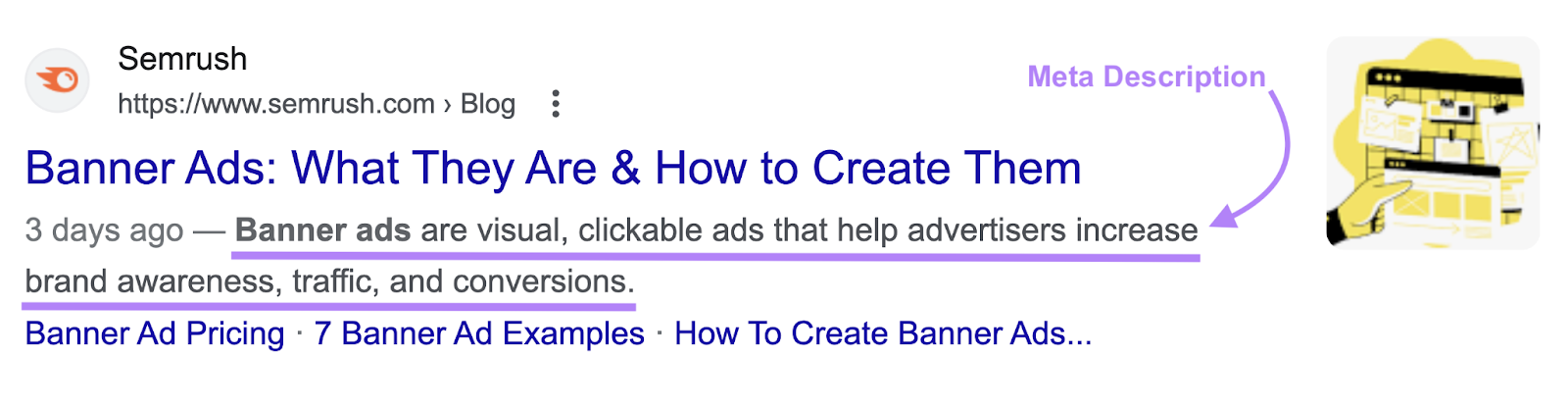 A meta description on SERP that reads "Banner ads are visual, clickable ads that help advertisers increase brand awareness, traffic, and conversions."