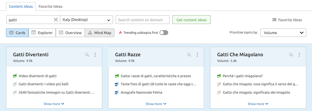 Trova idee per i tuoi contenuti con Topic research