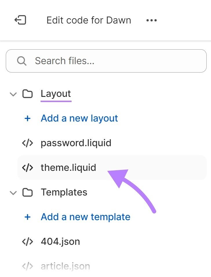 Arquivo "theme.liquid" selecionado no menu suspenso "Layout".