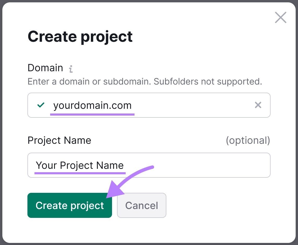 "Create project" in the Site Audit tool