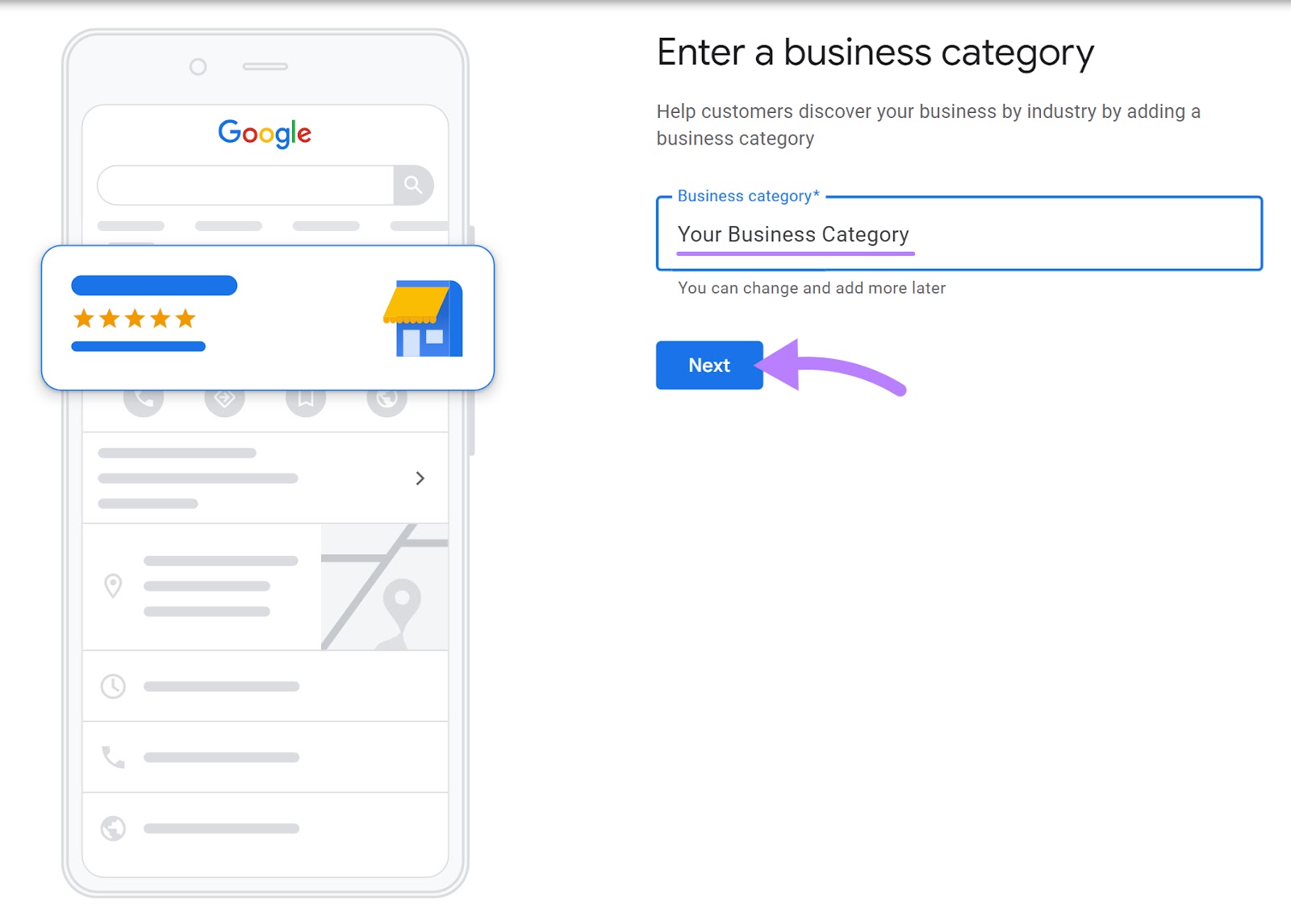 "Enter a business category" window in Google Business Profile page