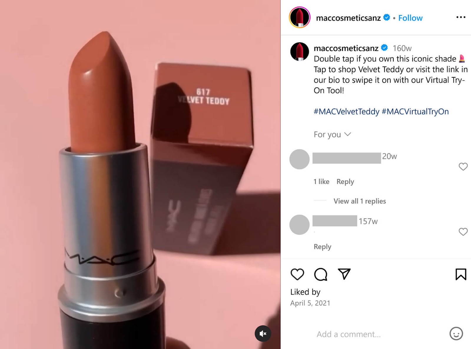 Instagram post showing a close-up of MAC lipstick in the shade 'Velvet Teddy,' partially twisted up.