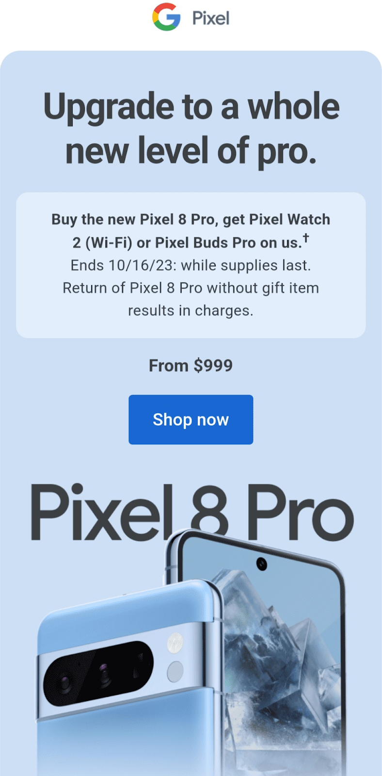 Google's "Upgrade to a whole new level of pro." email recommending Pixel 8 Pro