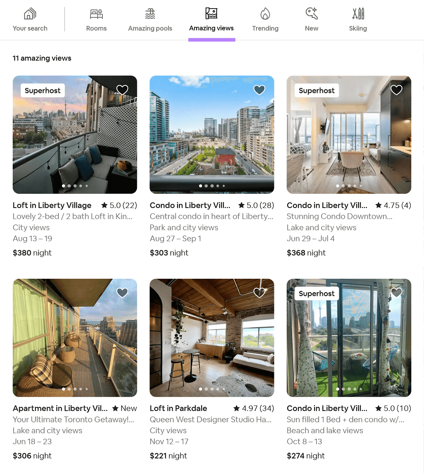 Airbnb results showing six listings with beautiful visuals