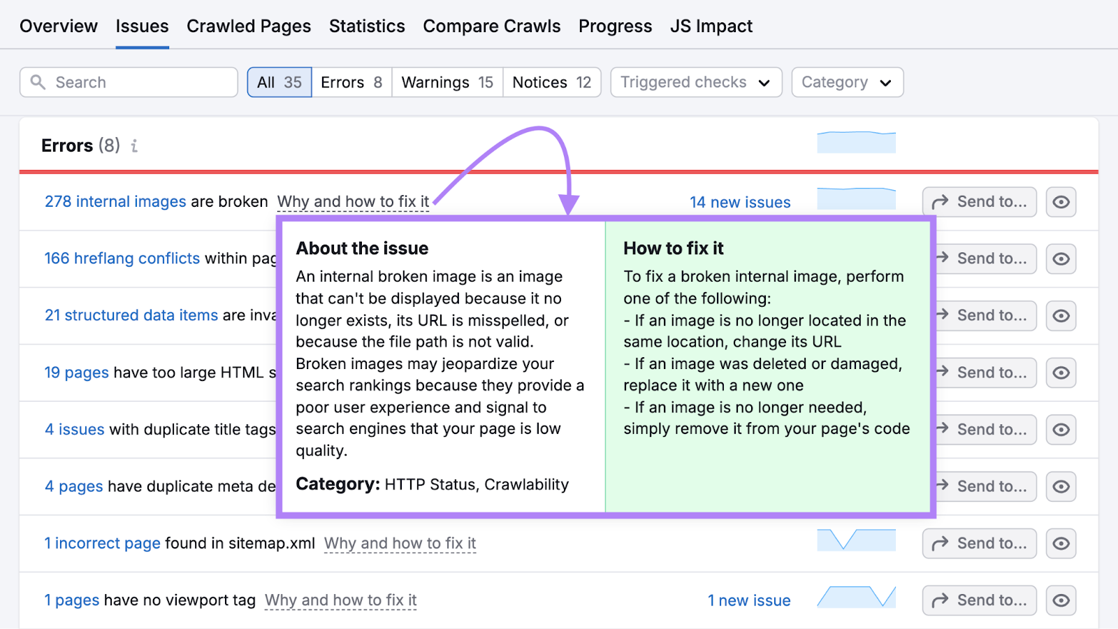 Pop up shows more about the issue and outlines how to fix it.