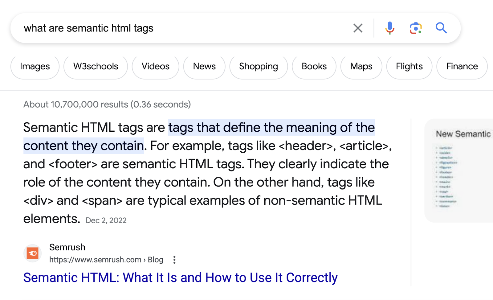 Semrush's semantic HTML guide ranks as the featured snippet for "what are semantic html tags" query