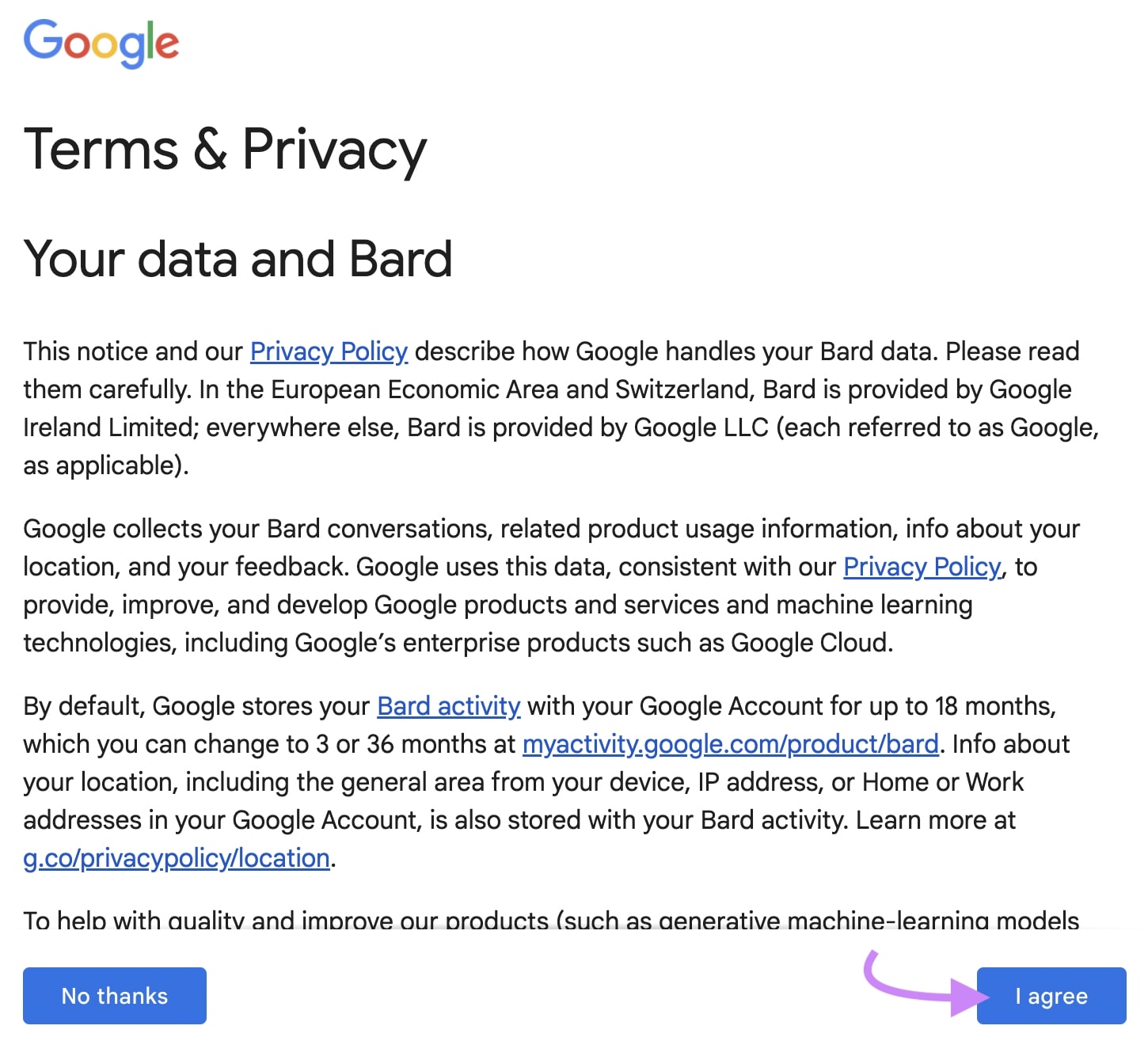 "Terms & Privacy" section in Google's Bard