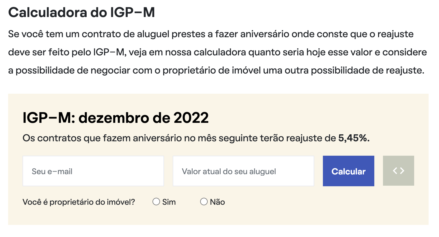 print-screen da Calculadora do IGP-M, índice utilizado para contratos de aluguel, tirado do site do QuintoAndar