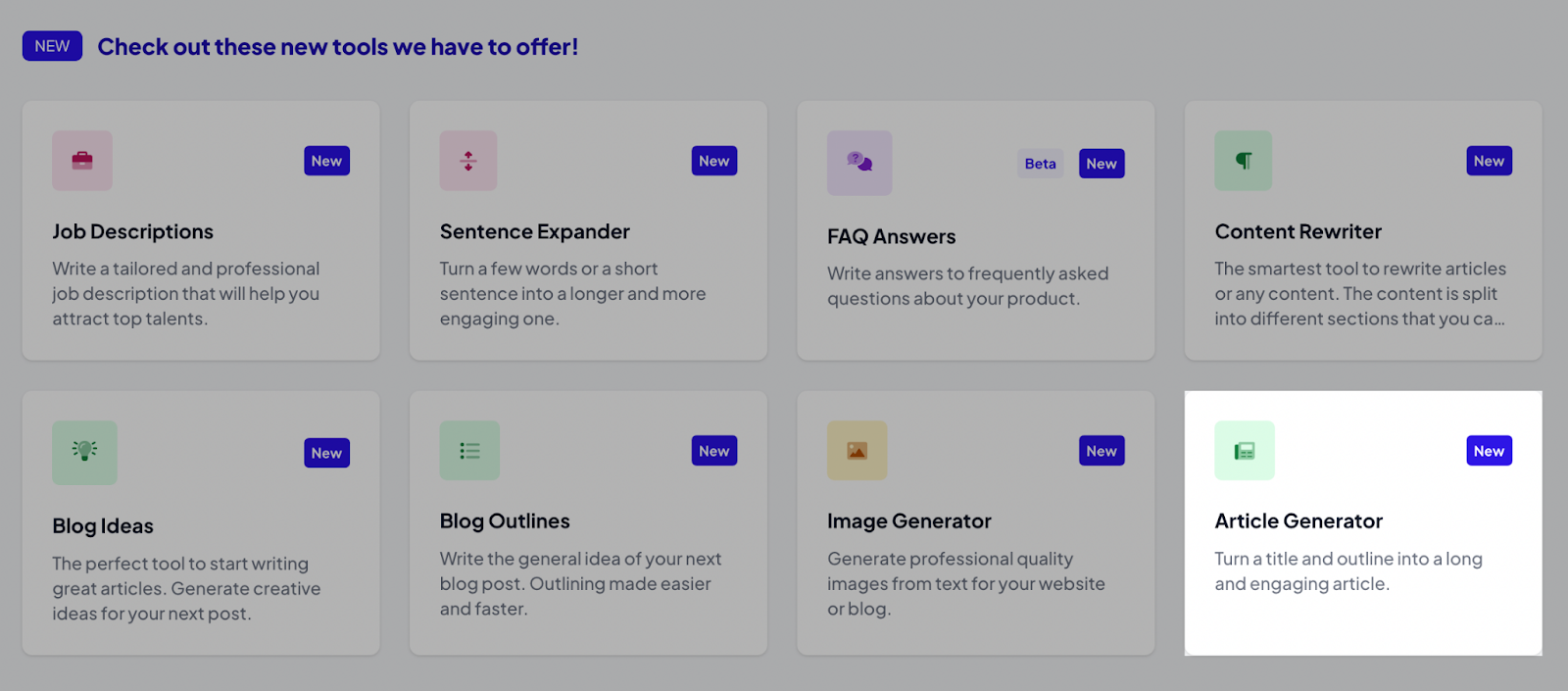 “Article Generator” box highlighted on tools landing page