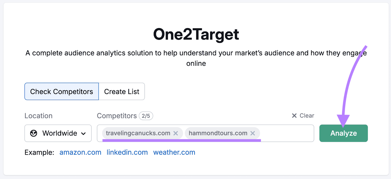 One2Target tool with "travelingcanucks.com" and "hammondtours.com" in the search bar