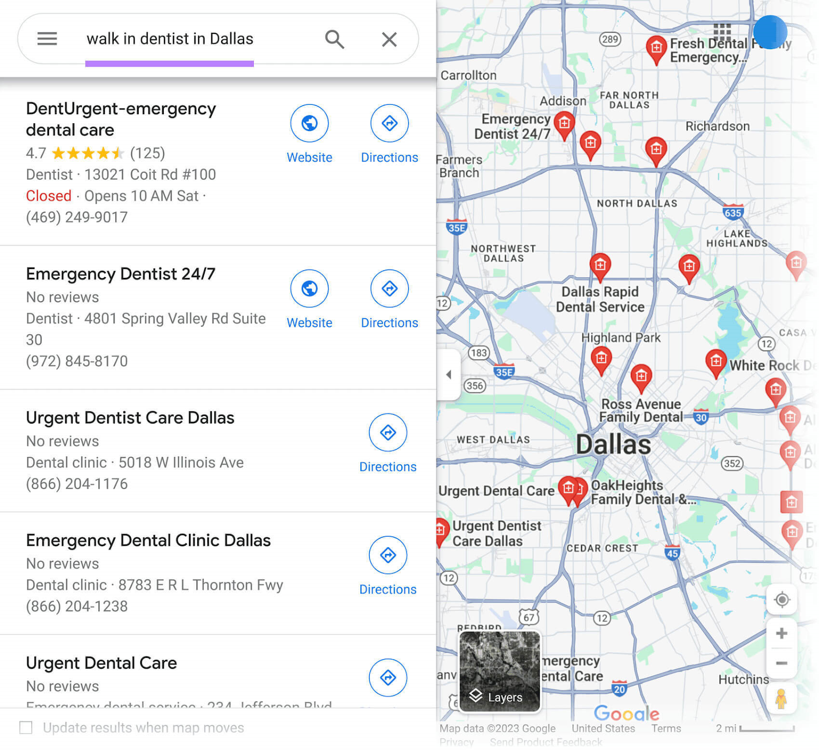Google Maps results for "walk in dentist in Dallas" query