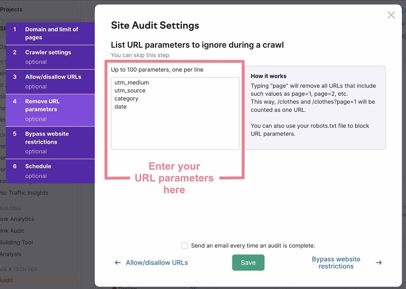 remove URL parameters in settings