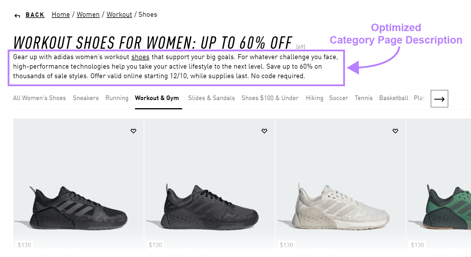 Example of a category page description by Adidas