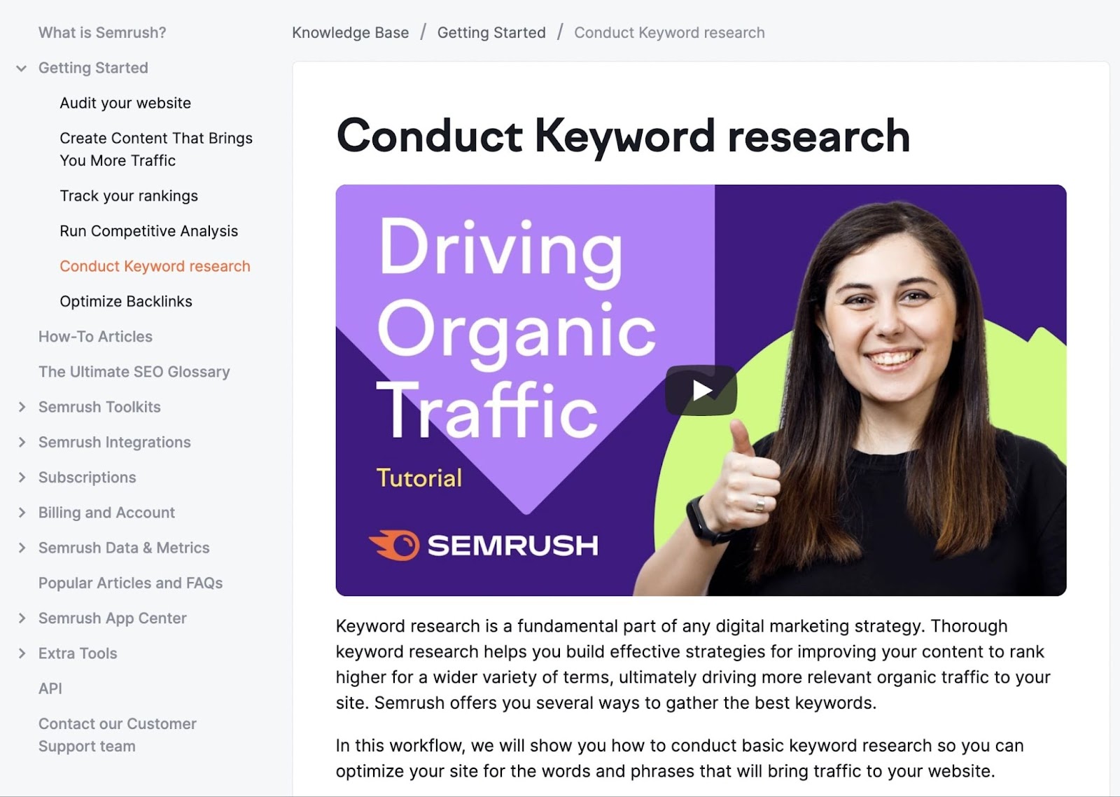 Semrush's knowledge base page on "Conduct Keyword research"