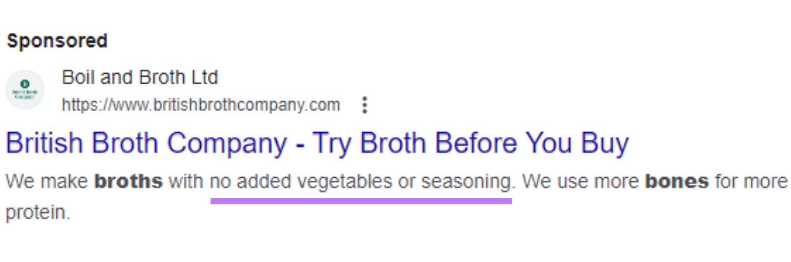 “no added vegetables or seasoning" highlighted in Boil and Broth's search ad
