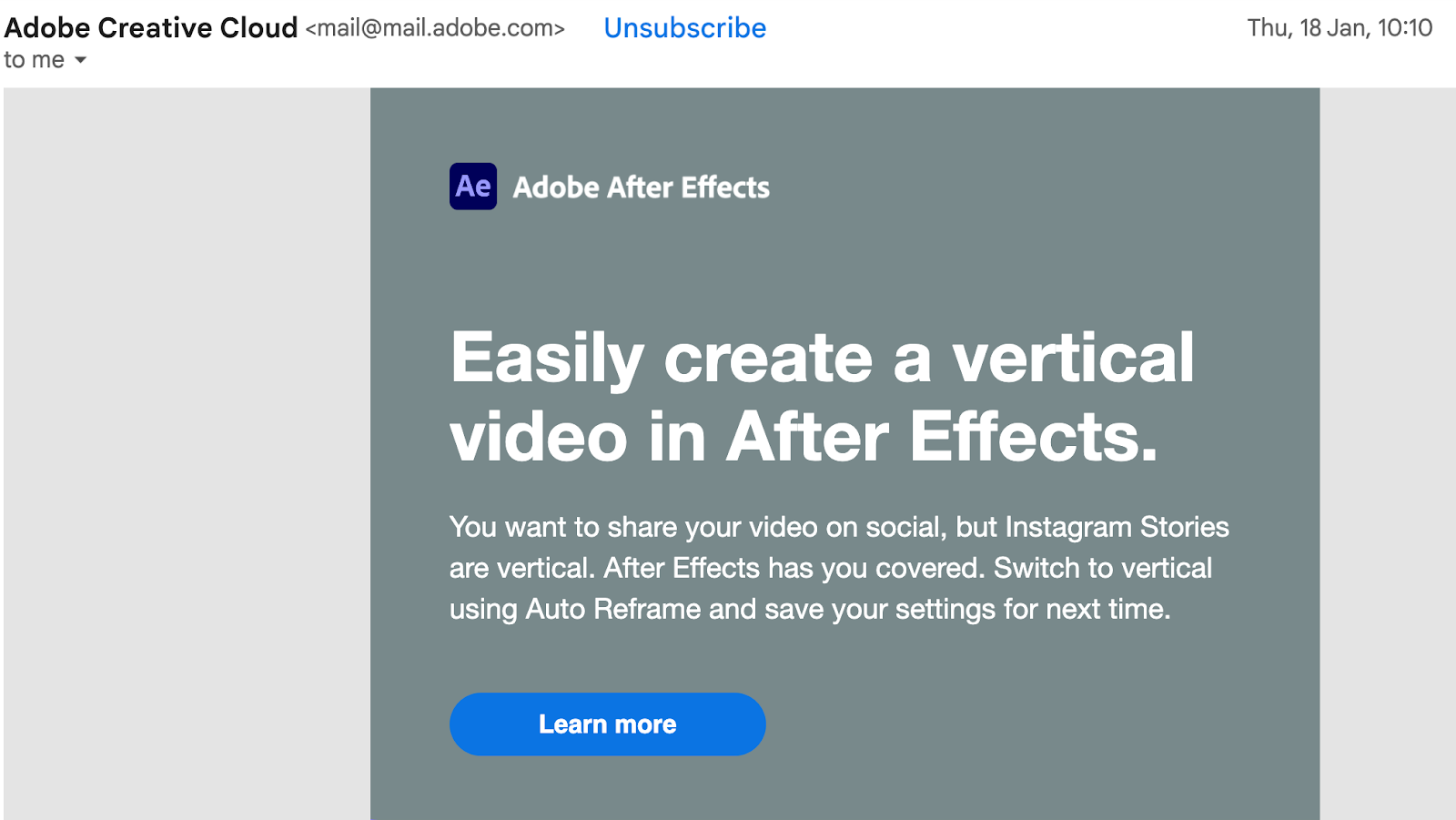 Email from Adobe Creative Cloud containing information on how to easily create a vertical video in After Effects.