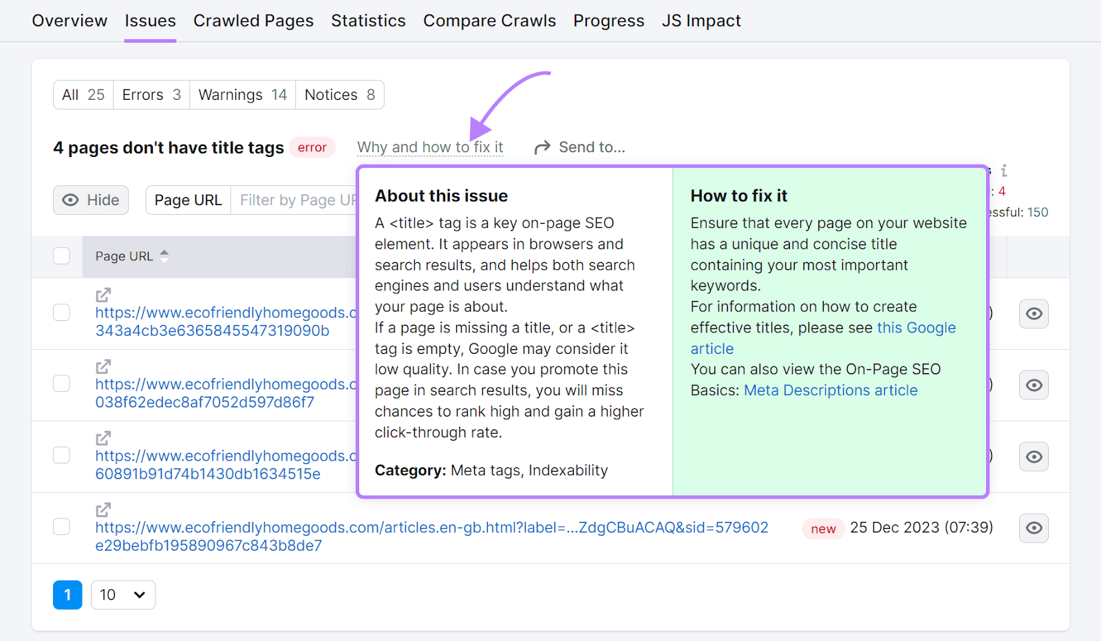 An explanation of the title tag issue and how to fix it in Site Audit