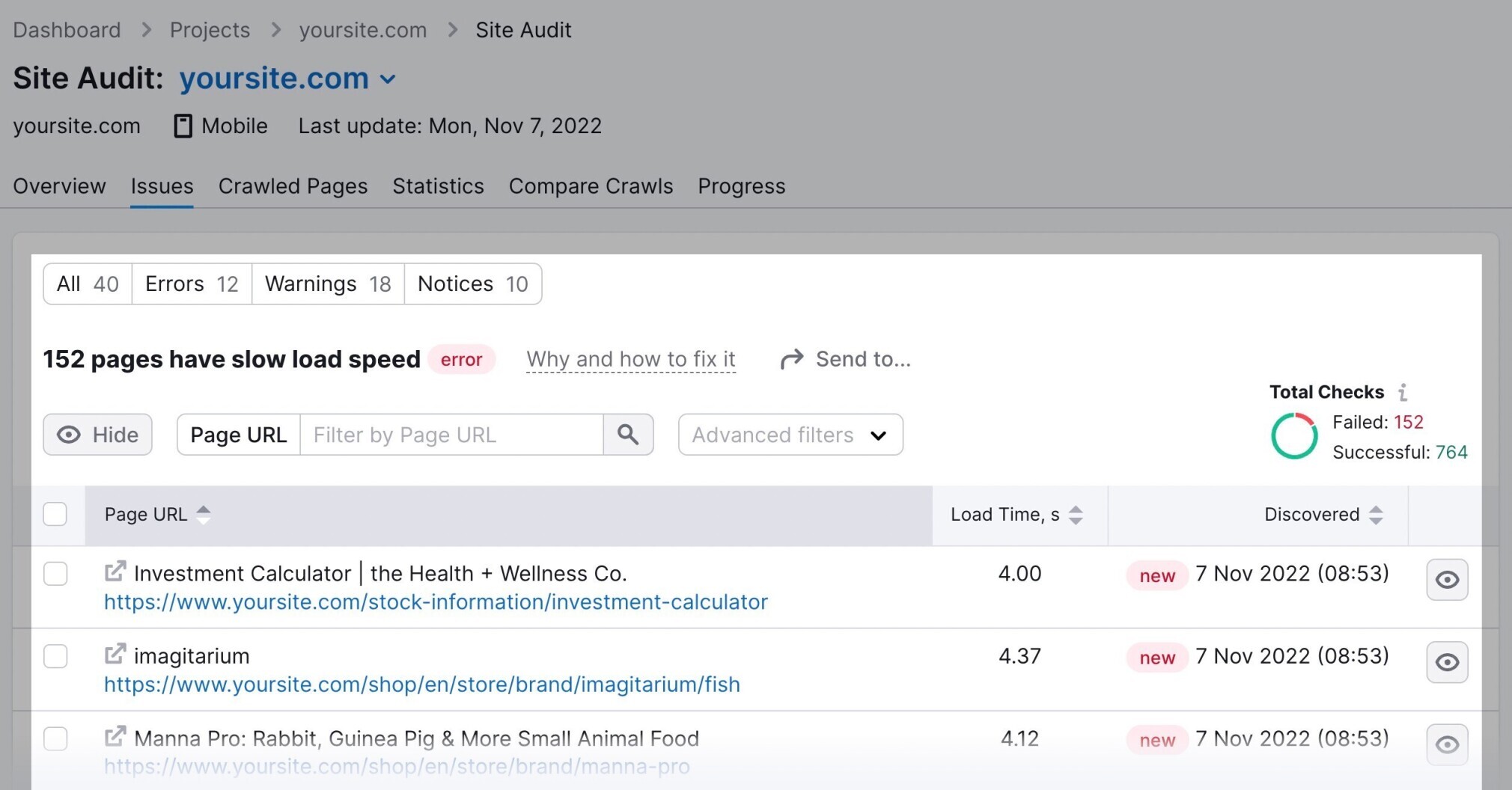 semrush page load speed report