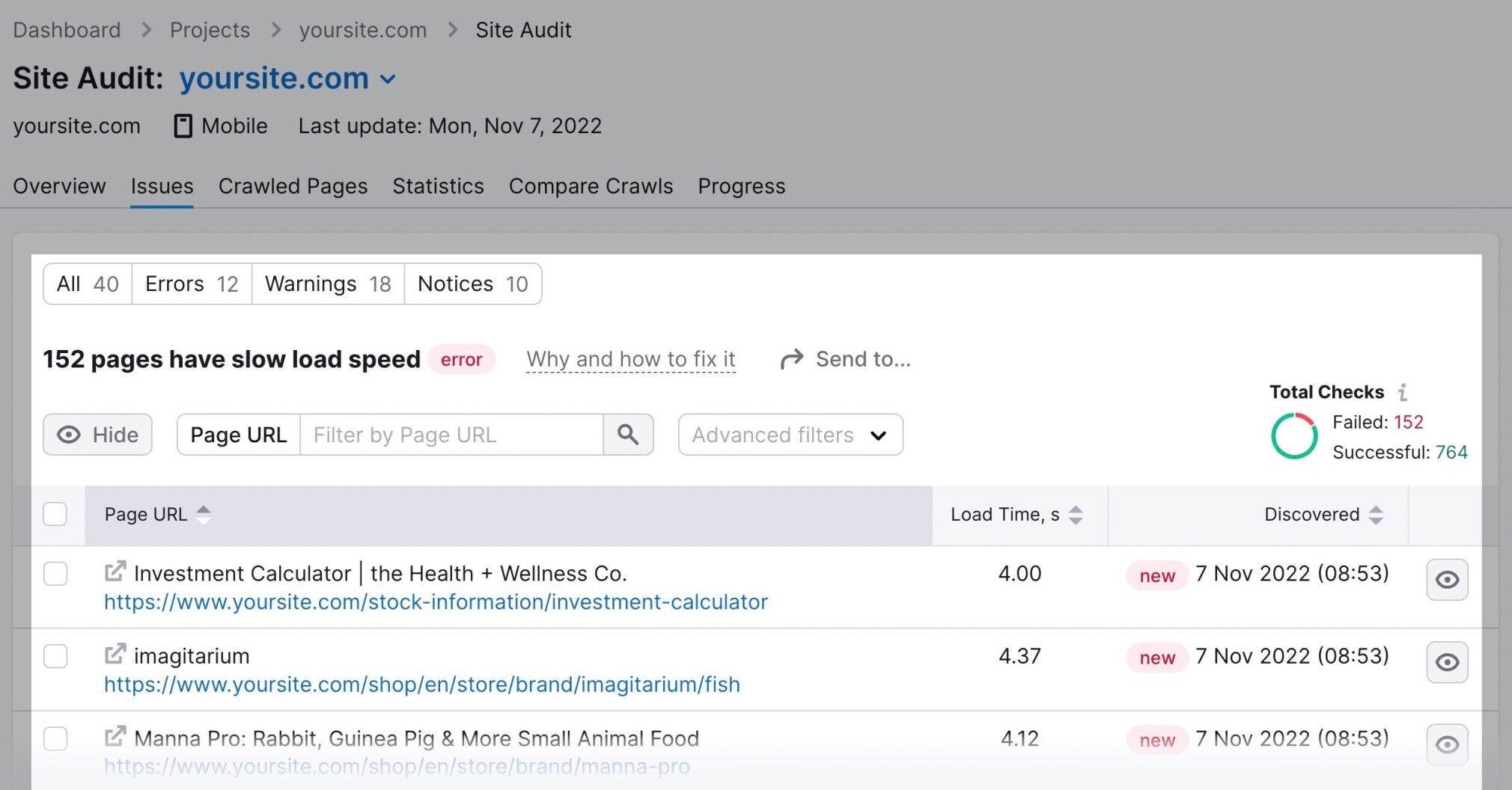 relatório de velocidade de carregamento de página semrush