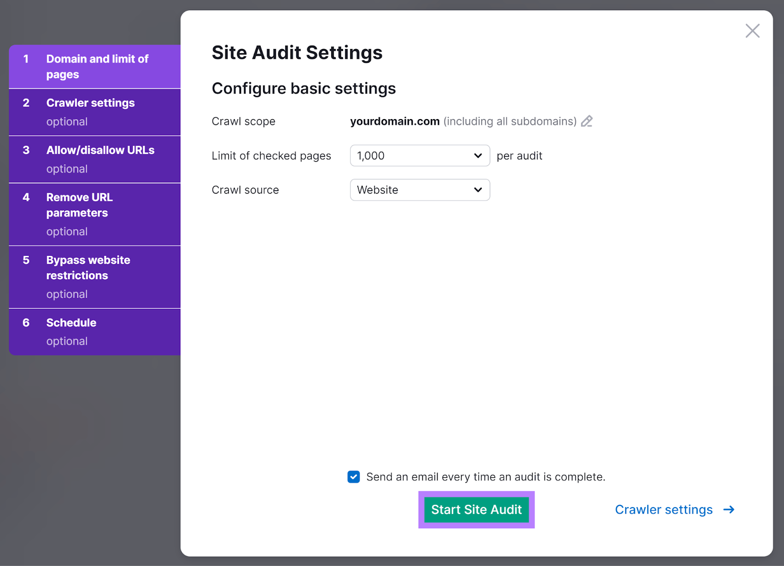 Site Audit settings popup with Start Site Audit button highlighted