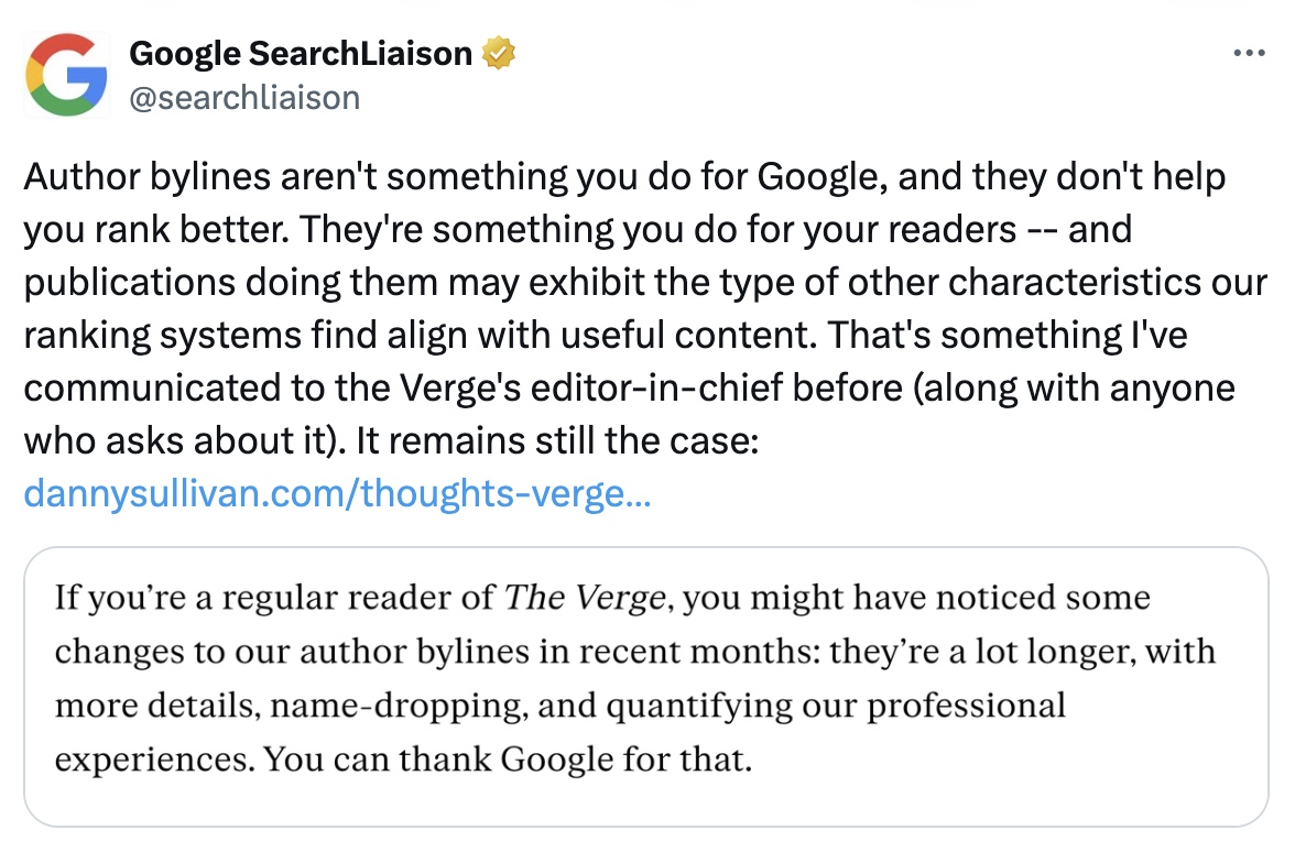 Tweet by Google SearchLiaison talking astir really writer bylines don't consecutive effect hunt rankings.