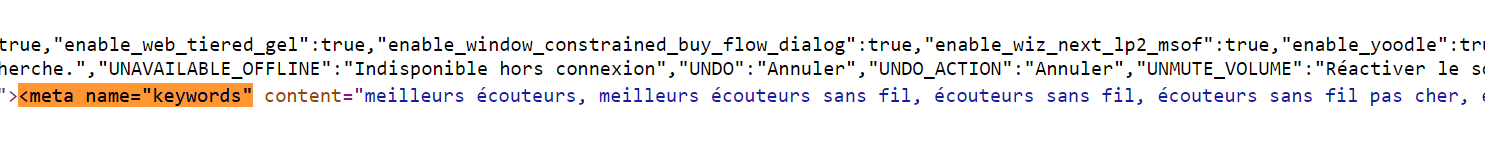 résultats pour une recherche <meta name="keywords" dans le code source HTML