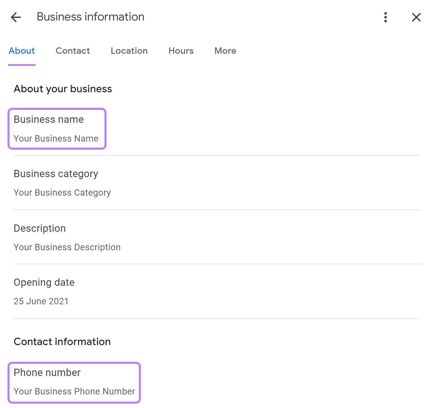 Business profile information page