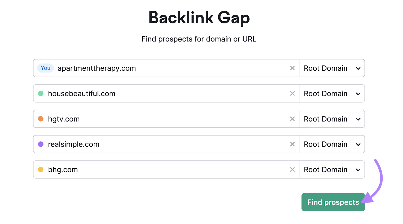 "apartmenttherapy.com" "housebeautiful.com" "hgtv.com" "realsimple.com" and "bhg.com" domains entered into the Backlink Gap tool search bar