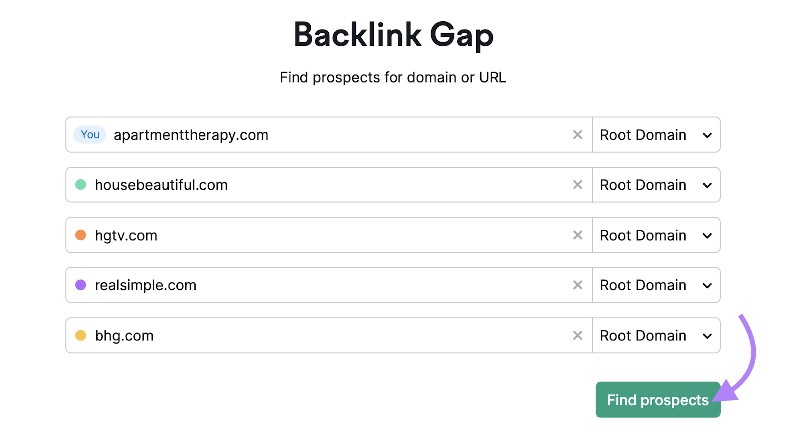 "apartmenttherapy.com" "housebeautiful.com" "hgtv.com" "realsimple.com" and "bhg.com" domains entered into the Backlink Gap instrumentality   hunt  bar