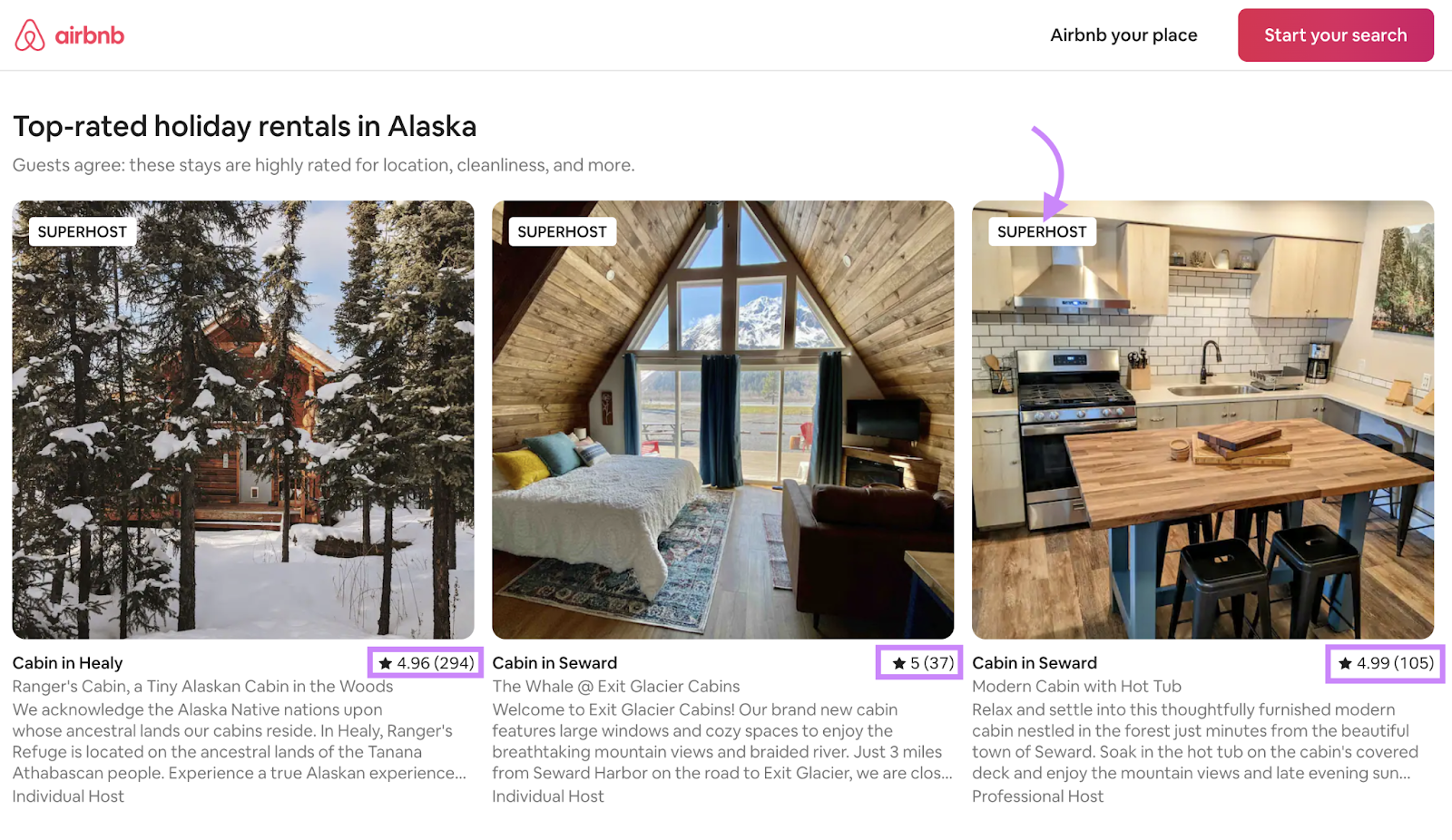 Airbnb’s landing page about top-rated rentals in Alaska
