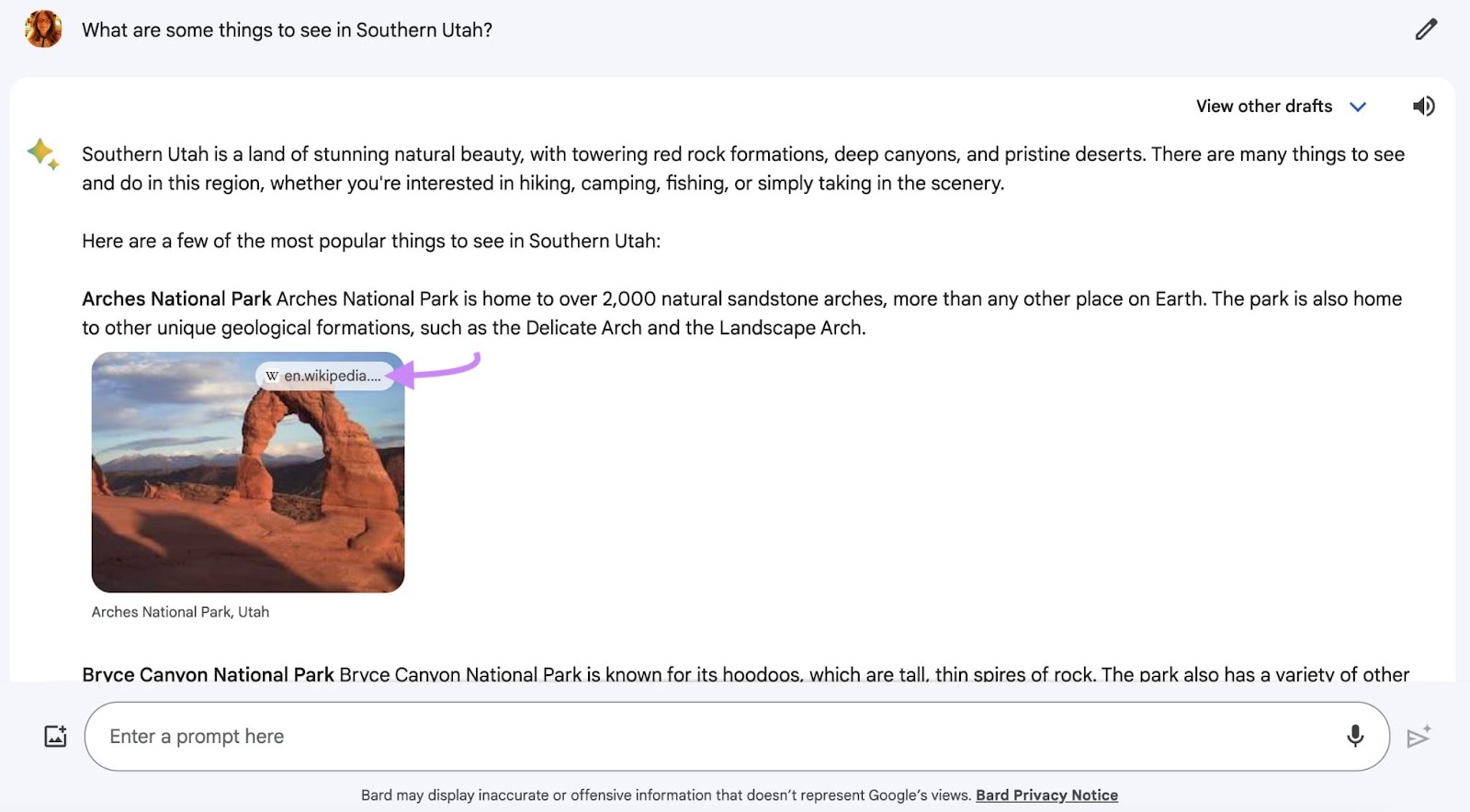 Bard's response to "What are some things to see in Southern Utah?" query