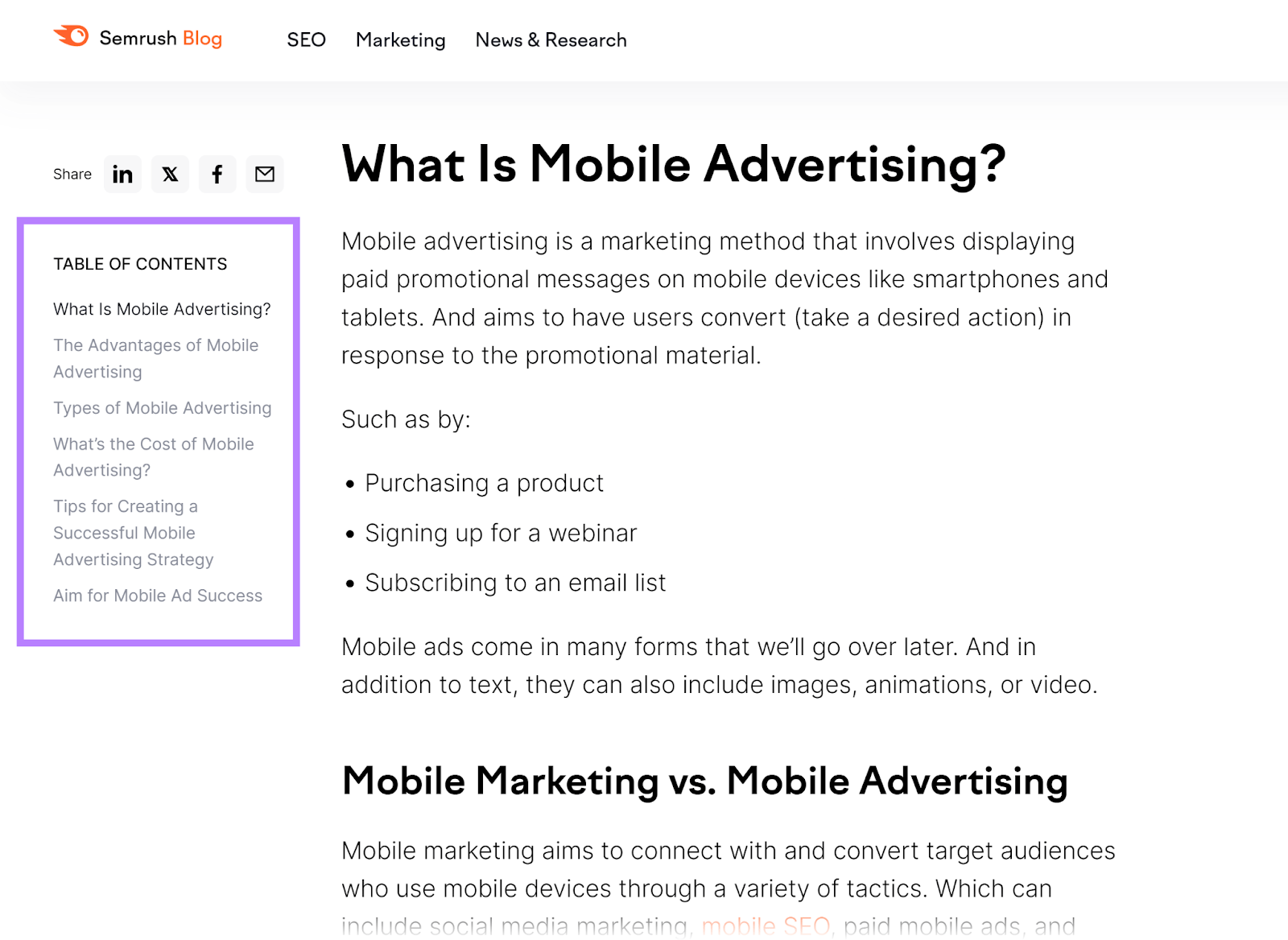 Table of contents highlighted successful  sidebar of Semrush blog post.