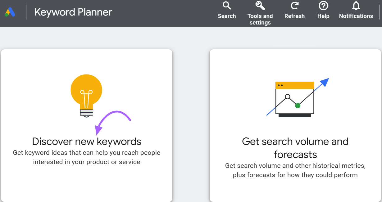 “Discover new keywords” option highlighted in Google Keyword Planner